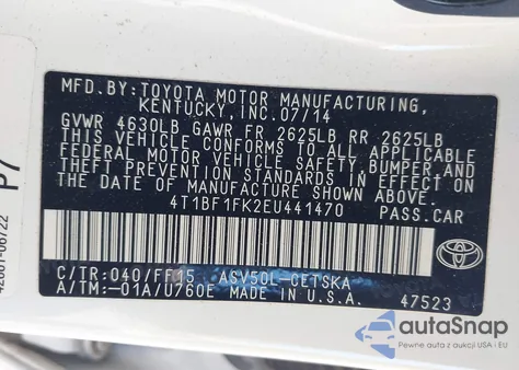 2014 Toyota Camry Se z USA, uszkodzony, nr VIN 4T1BF1FK2EU441470